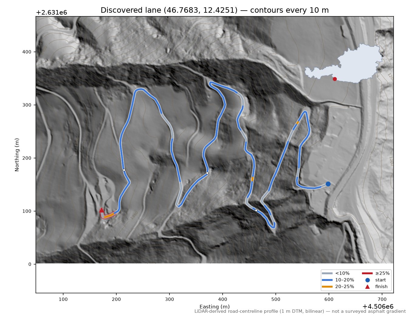 Discovered lane (46.7683, 12.4251) LiDAR hillshade map with contours