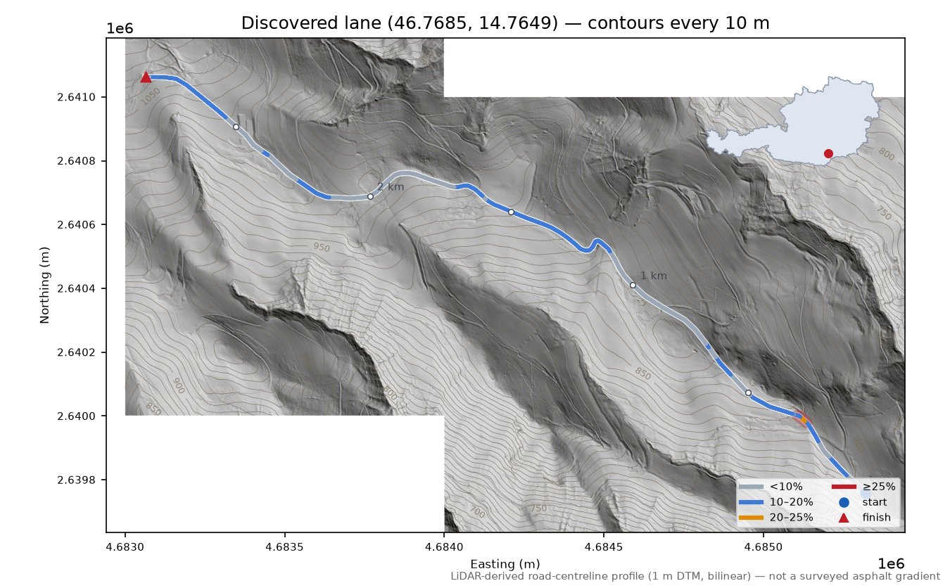 Discovered lane (46.7685, 14.7649) LiDAR hillshade map with contours
