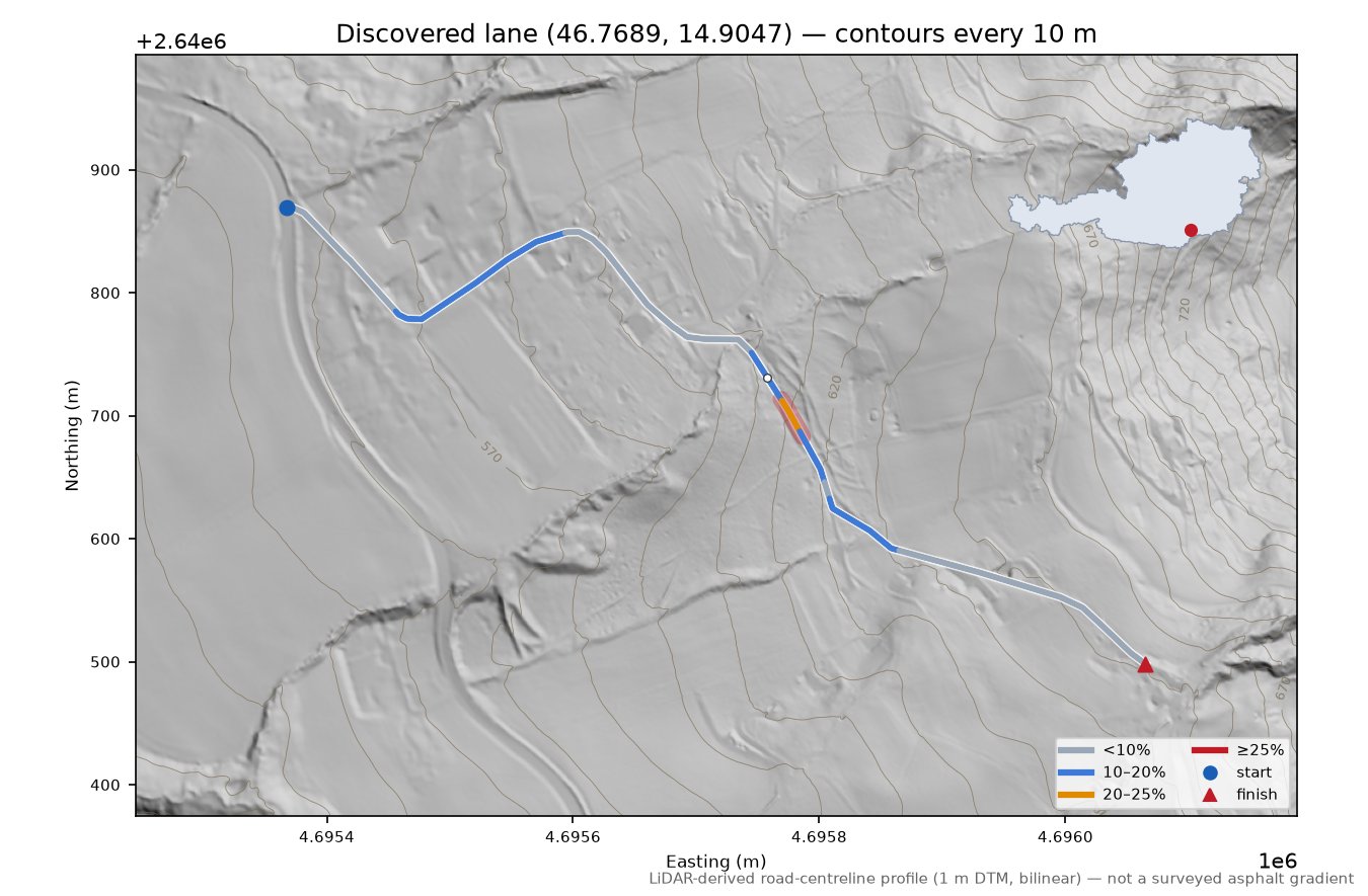 Discovered lane (46.7689, 14.9047) LiDAR hillshade map with contours