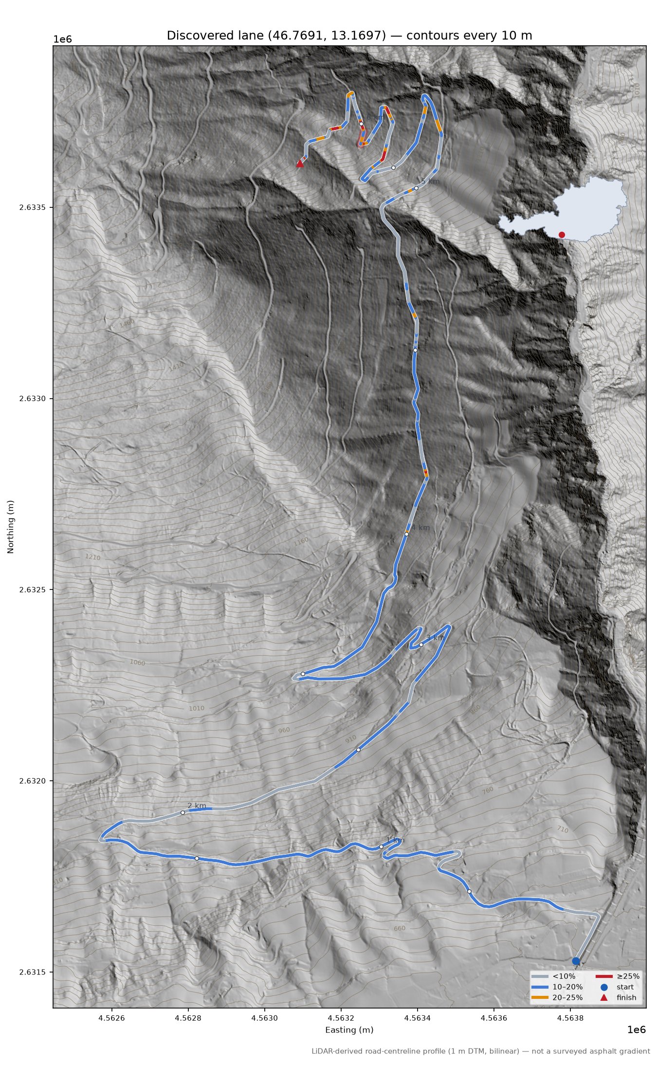 Discovered lane (46.7691, 13.1697) LiDAR hillshade map with contours