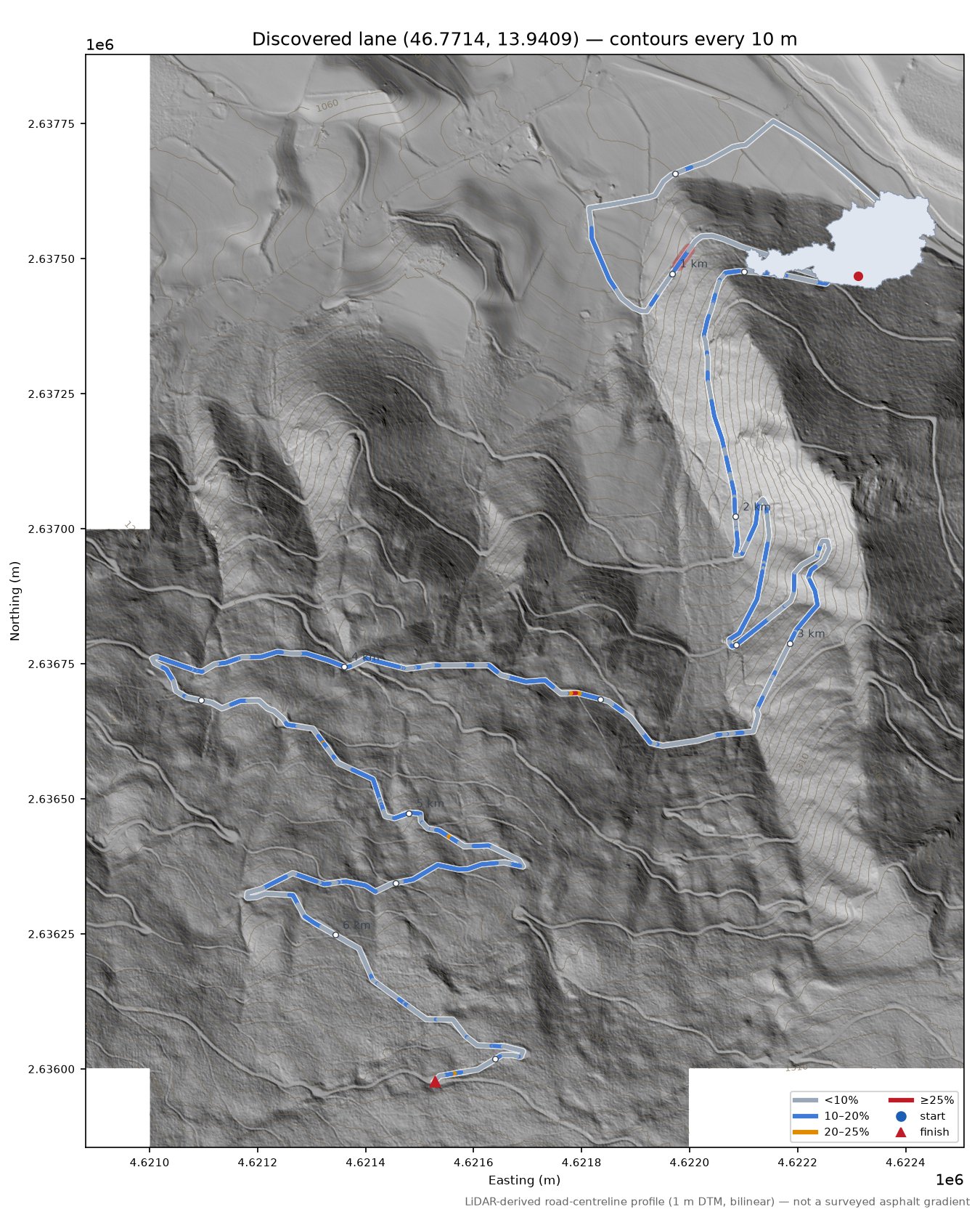 Discovered lane (46.7714, 13.9409) LiDAR hillshade map with contours