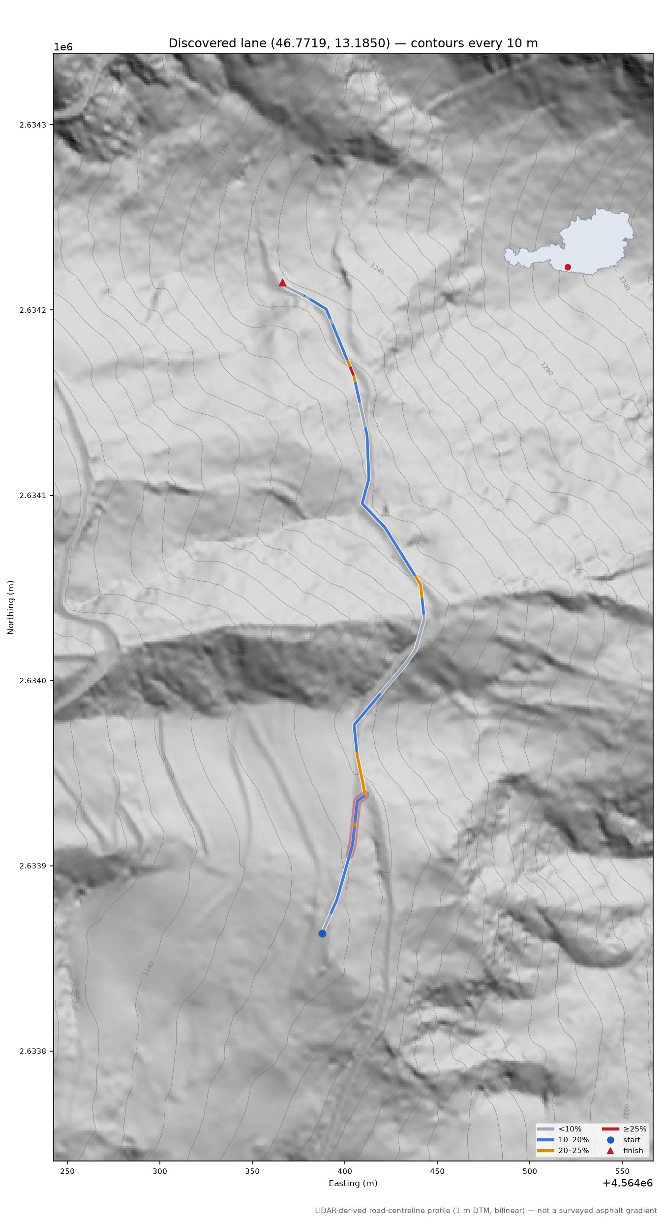 Discovered lane (46.7719, 13.1850) LiDAR hillshade map with contours