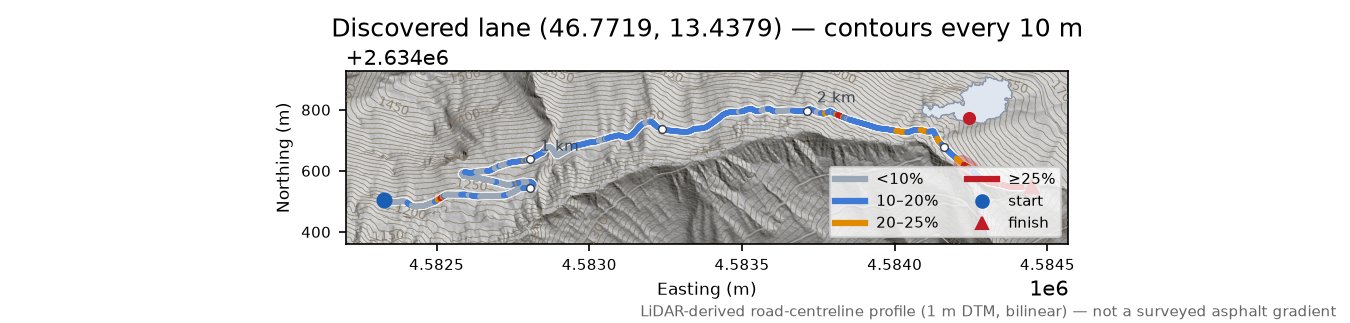 Discovered lane (46.7719, 13.4379) LiDAR hillshade map with contours