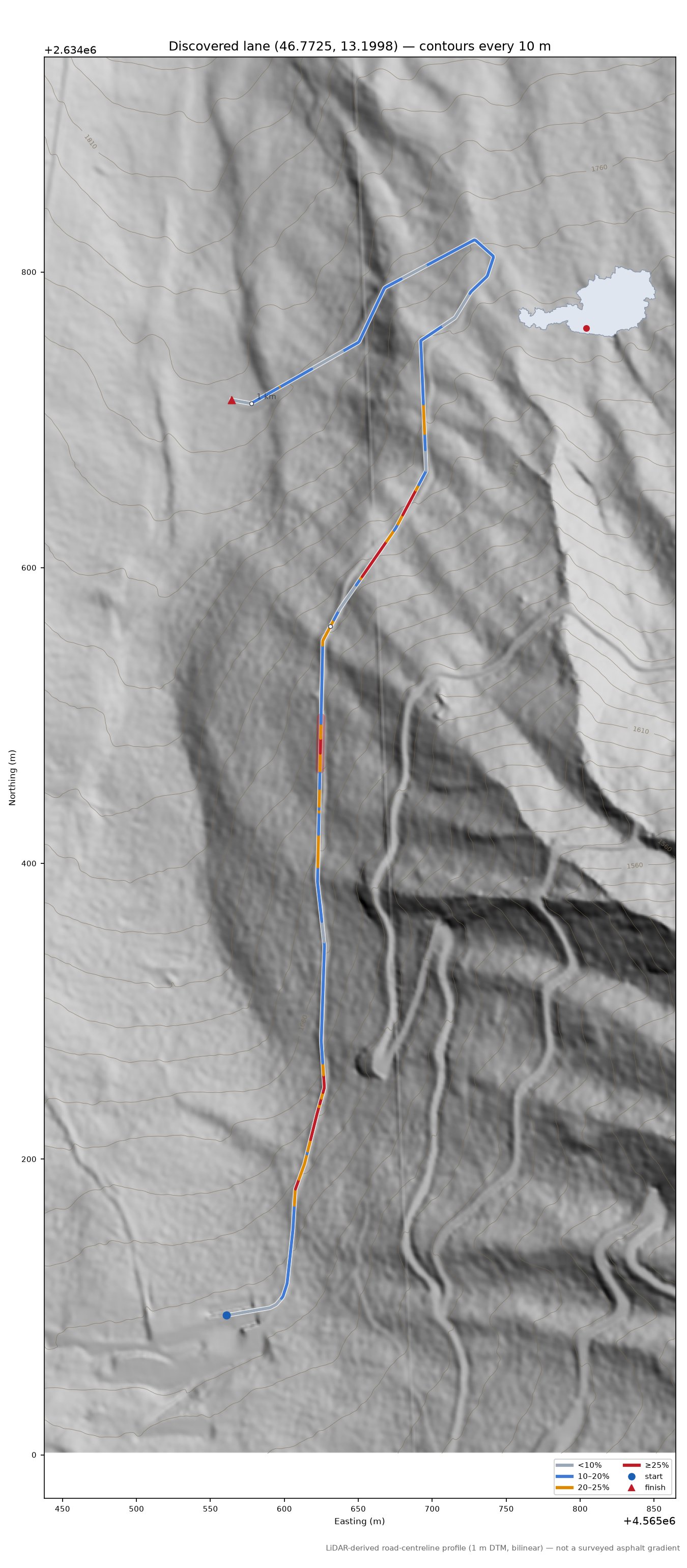 Discovered lane (46.7725, 13.1998) LiDAR hillshade map with contours