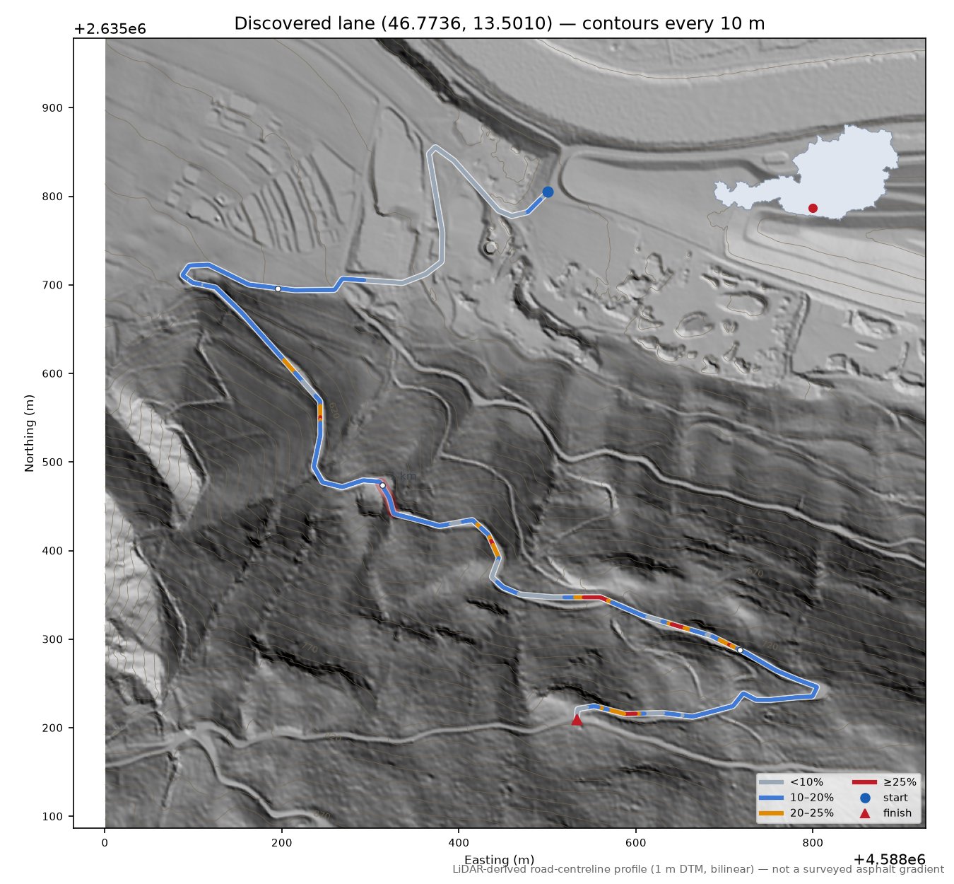 Discovered lane (46.7736, 13.5010) LiDAR hillshade map with contours