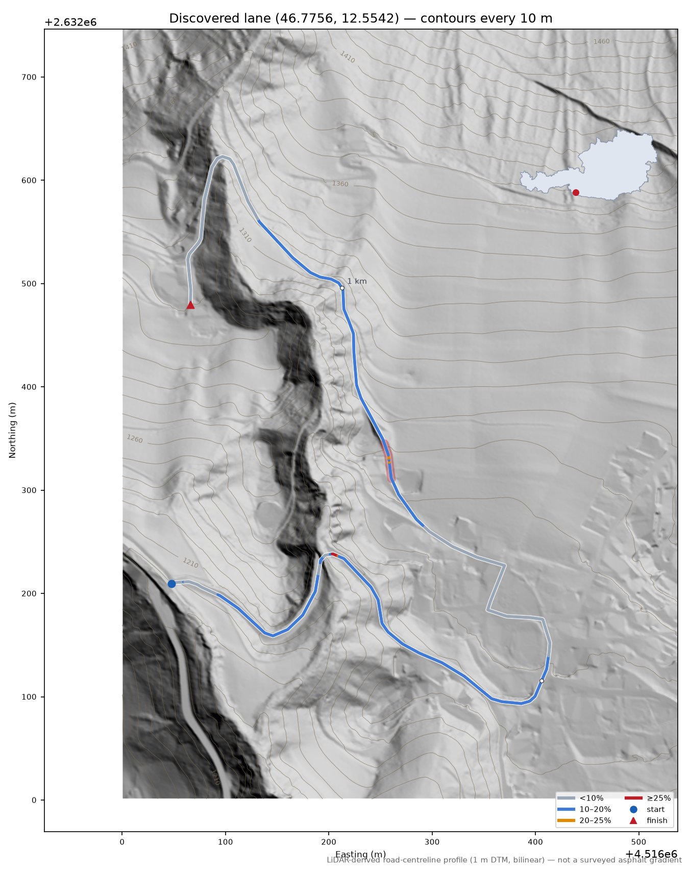 Discovered lane (46.7756, 12.5542) LiDAR hillshade map with contours