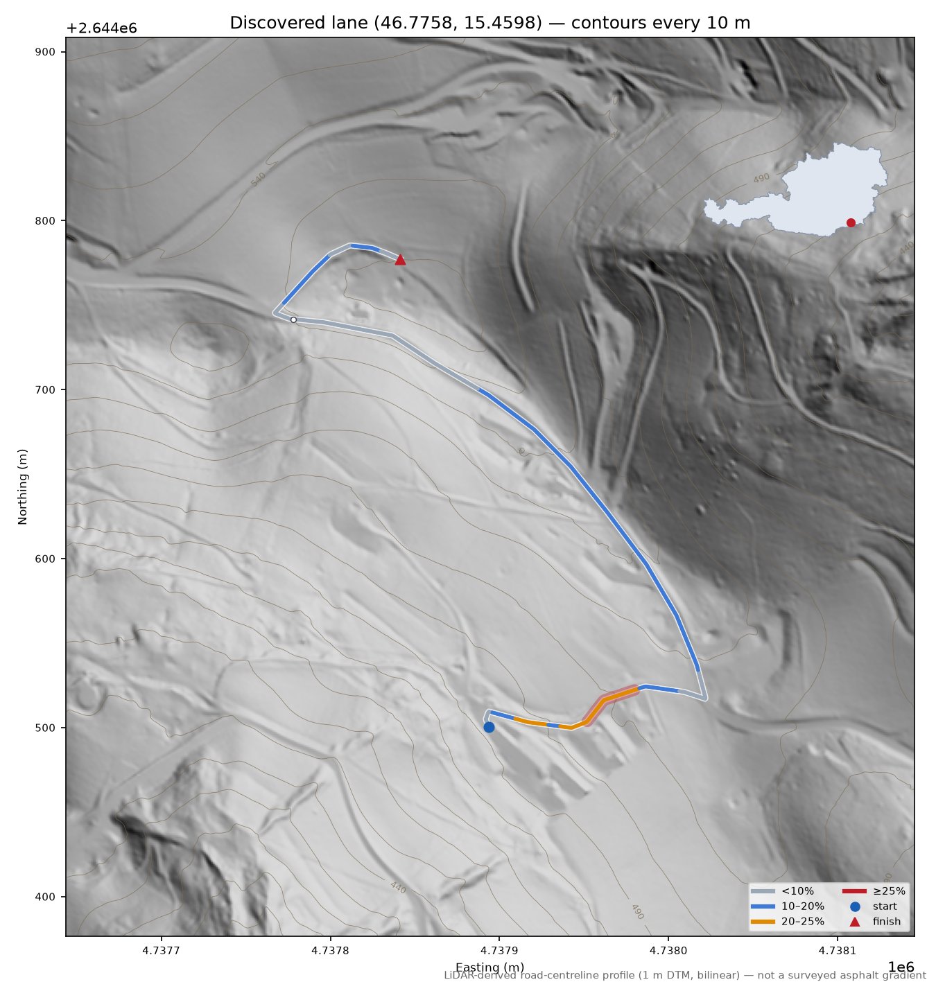 Discovered lane (46.7758, 15.4598) LiDAR hillshade map with contours