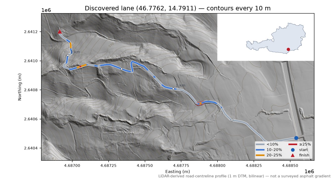 Discovered lane (46.7762, 14.7911) LiDAR hillshade map with contours