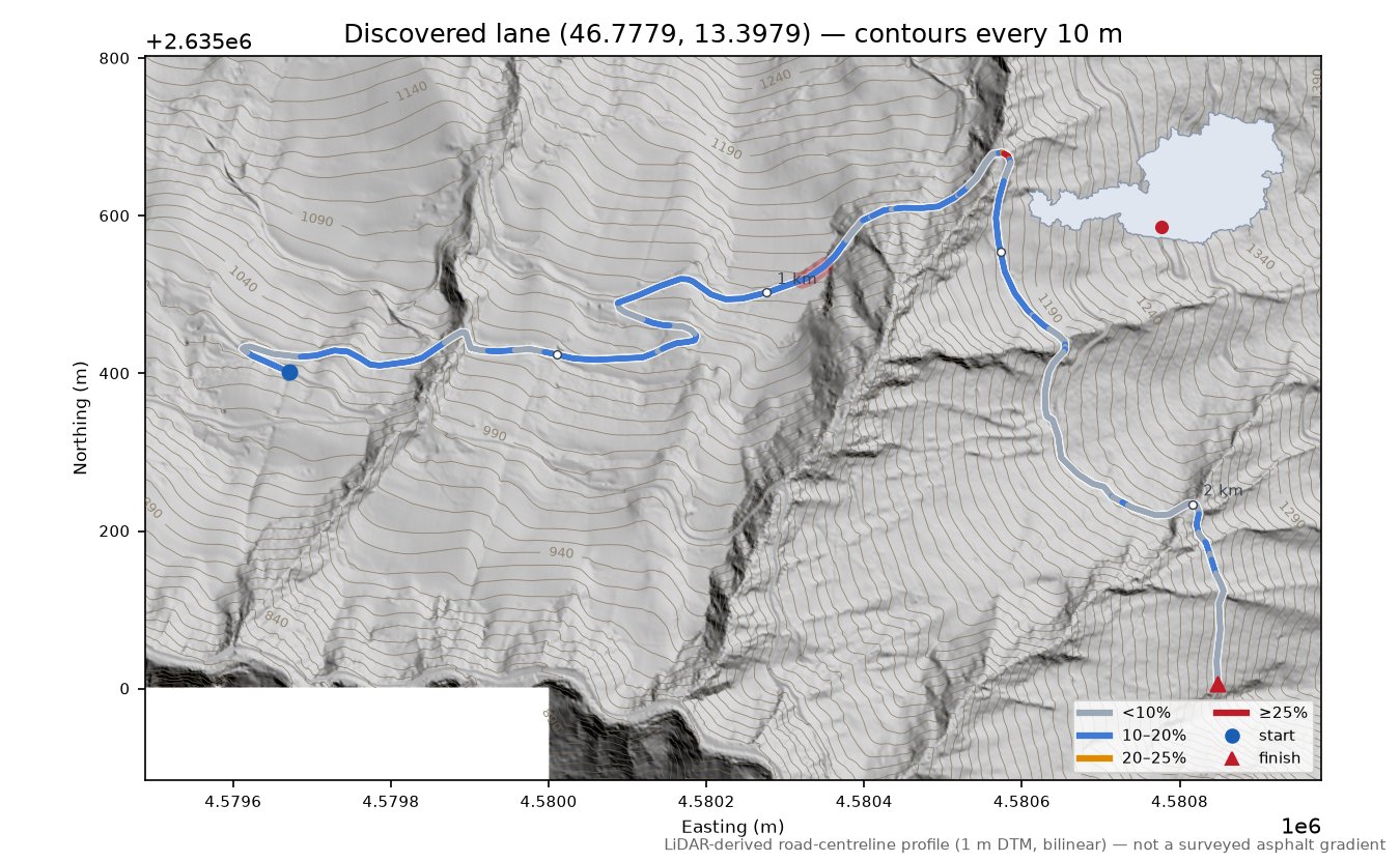 Discovered lane (46.7779, 13.3979) LiDAR hillshade map with contours
