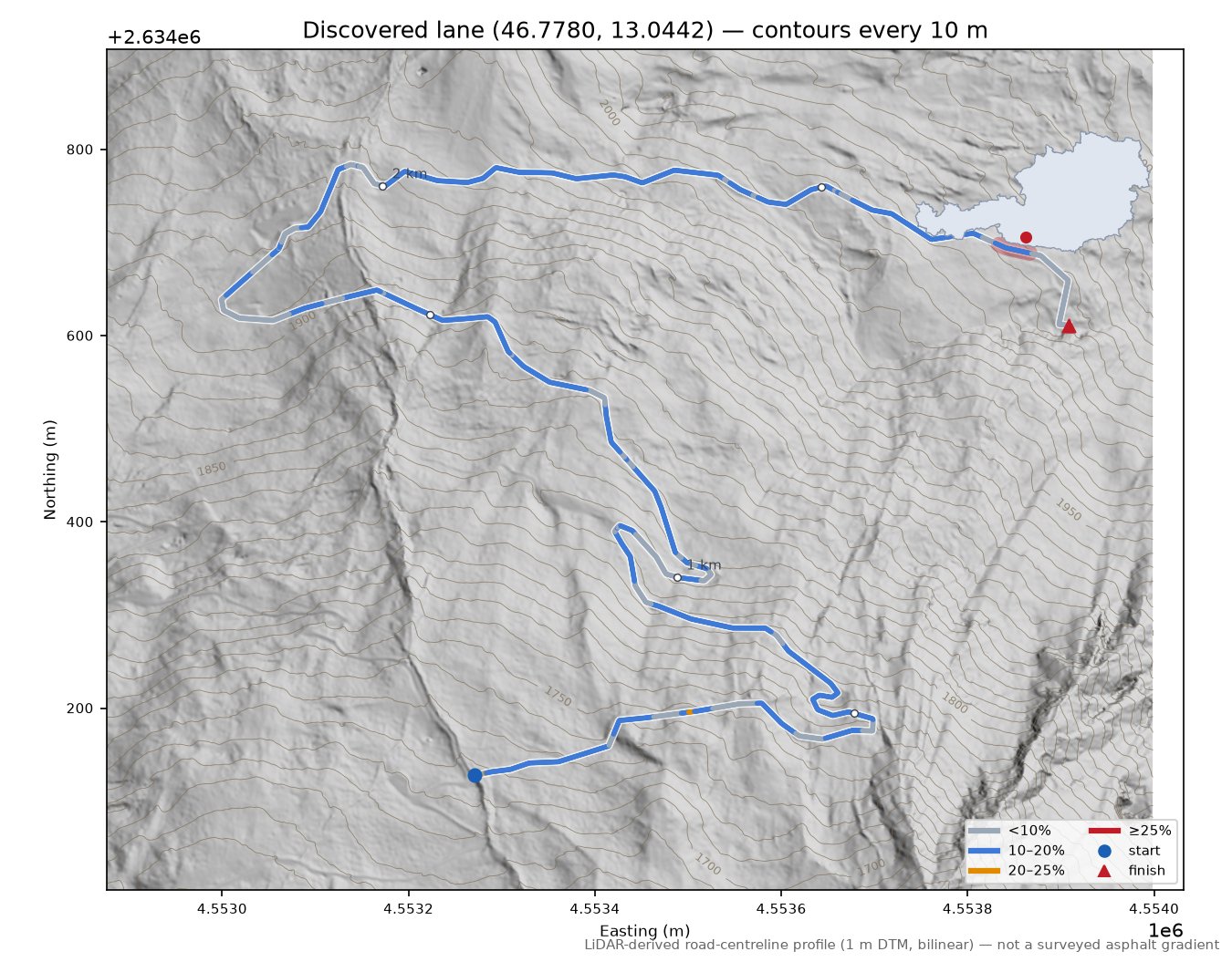 Discovered lane (46.7780, 13.0442) LiDAR hillshade map with contours