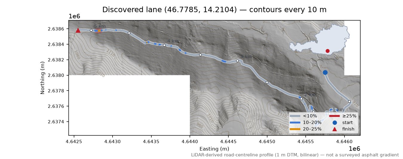 Discovered lane (46.7785, 14.2104) LiDAR hillshade map with contours