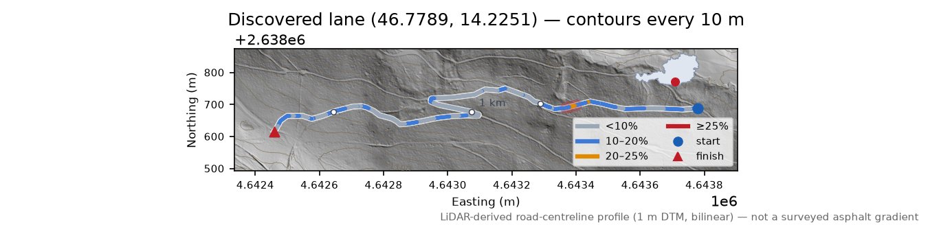 Discovered lane (46.7789, 14.2251) LiDAR hillshade map with contours