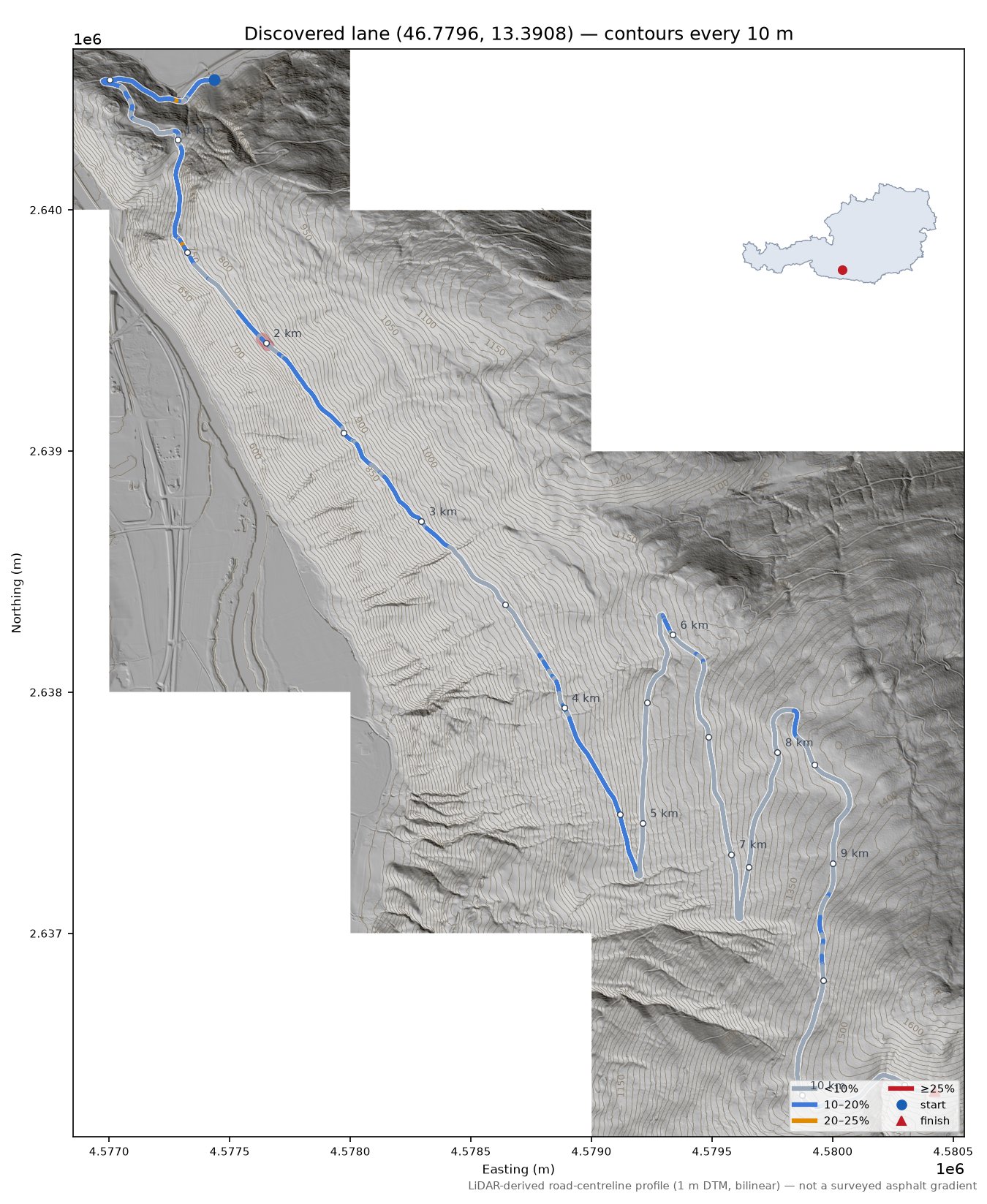 Discovered lane (46.7796, 13.3908) LiDAR hillshade map with contours