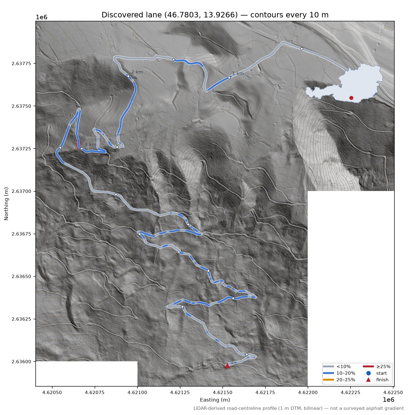 Discovered lane (46.7803, 13.9266) LiDAR hillshade map with contours