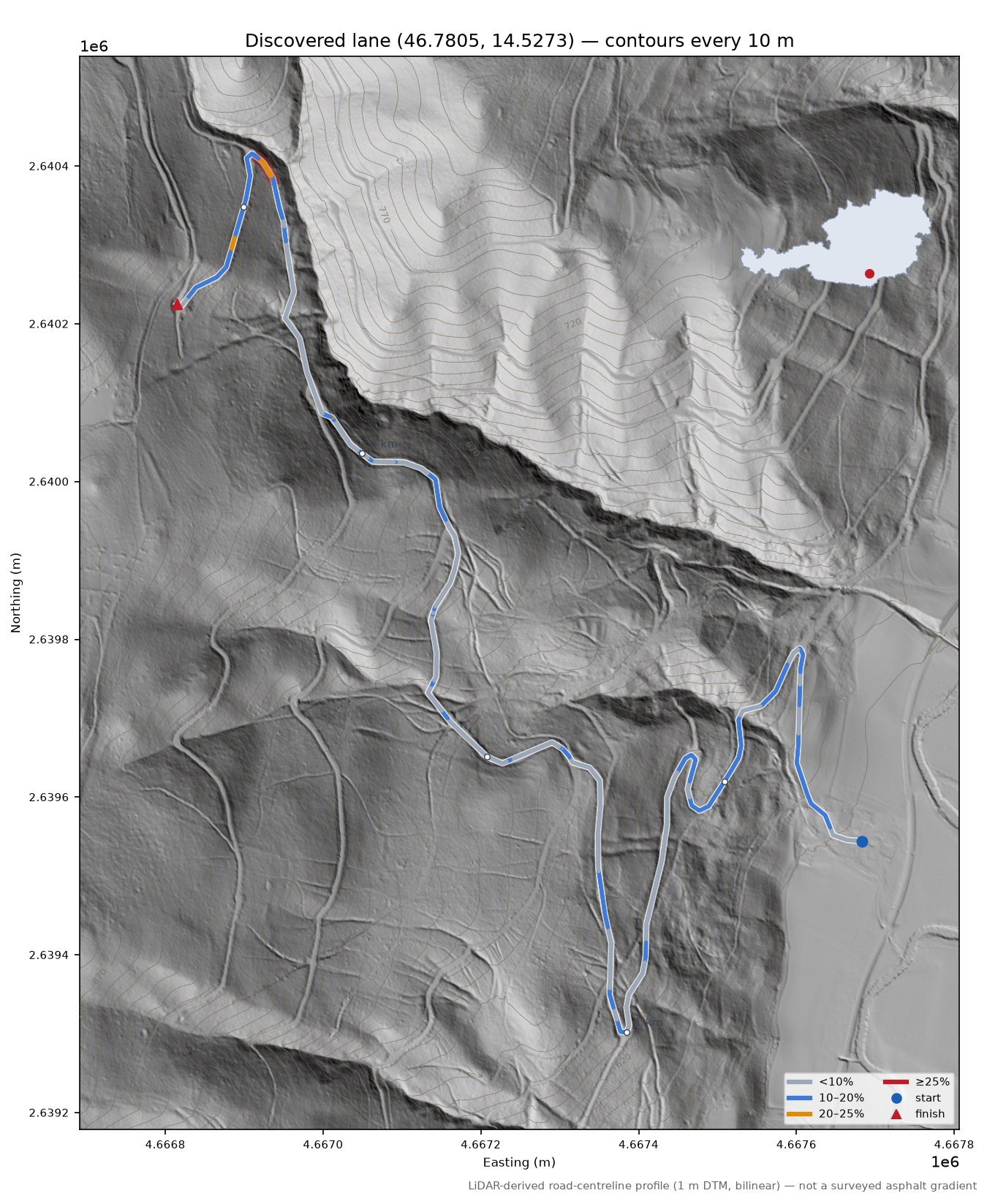 Discovered lane (46.7805, 14.5273) LiDAR hillshade map with contours