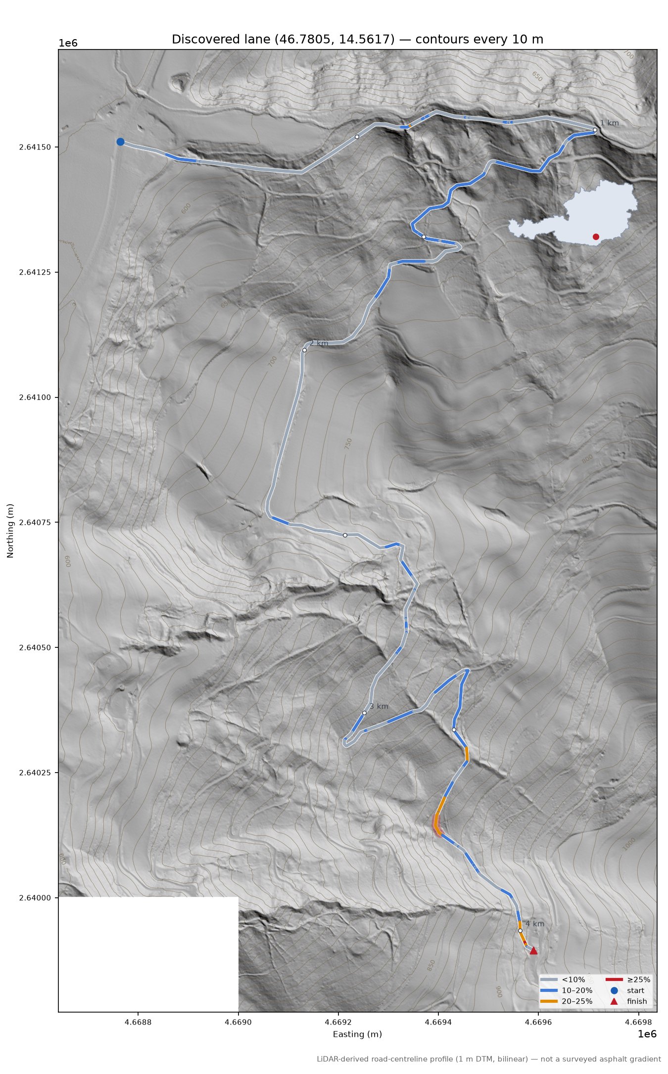 Discovered lane (46.7805, 14.5617) LiDAR hillshade map with contours