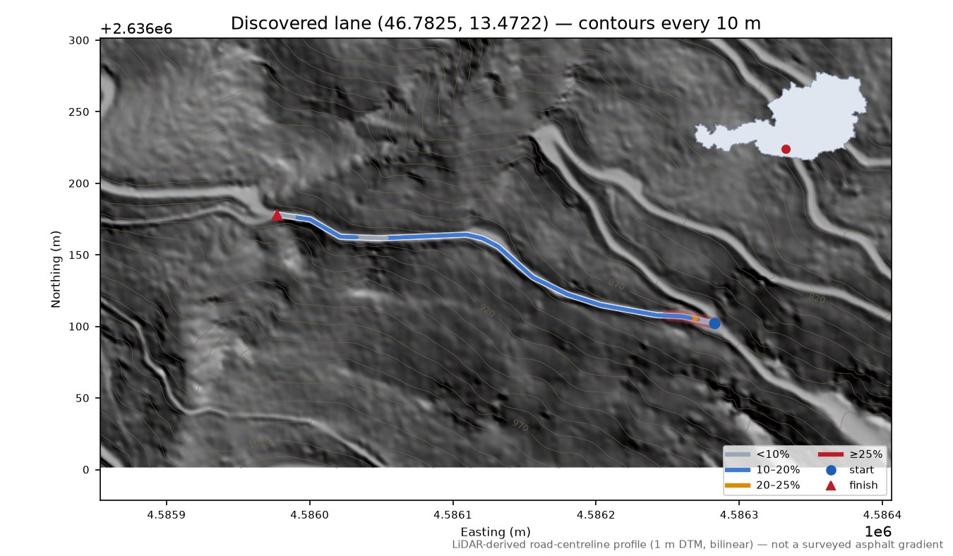 Discovered lane (46.7825, 13.4722) LiDAR hillshade map with contours