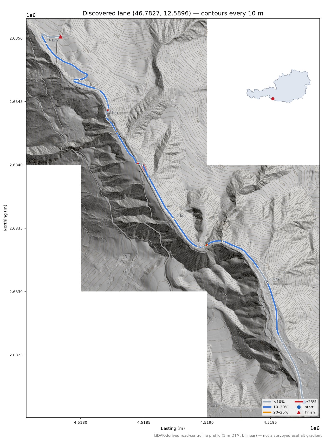 Discovered lane (46.7827, 12.5896) LiDAR hillshade map with contours
