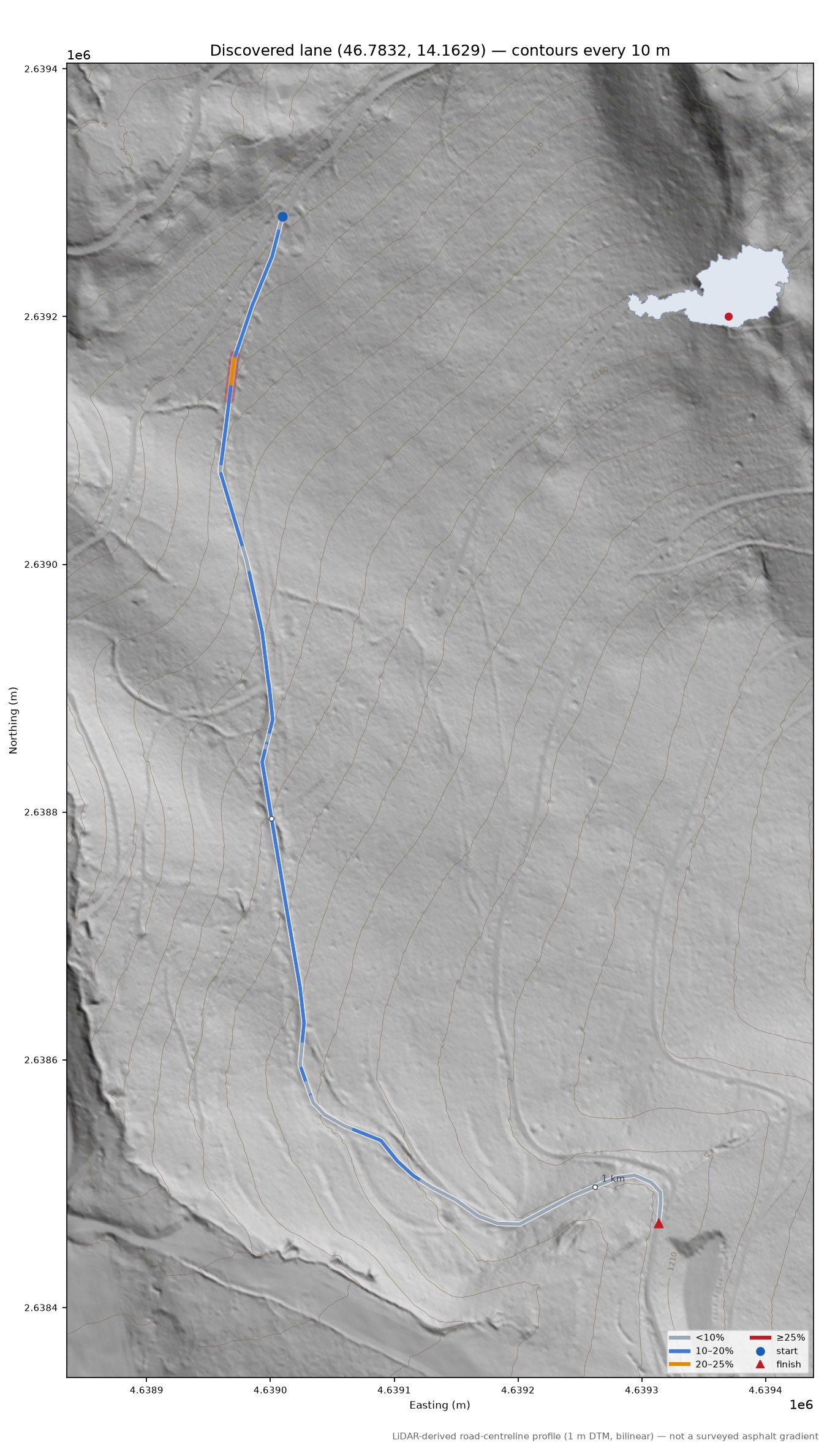 Discovered lane (46.7832, 14.1629) LiDAR hillshade map with contours