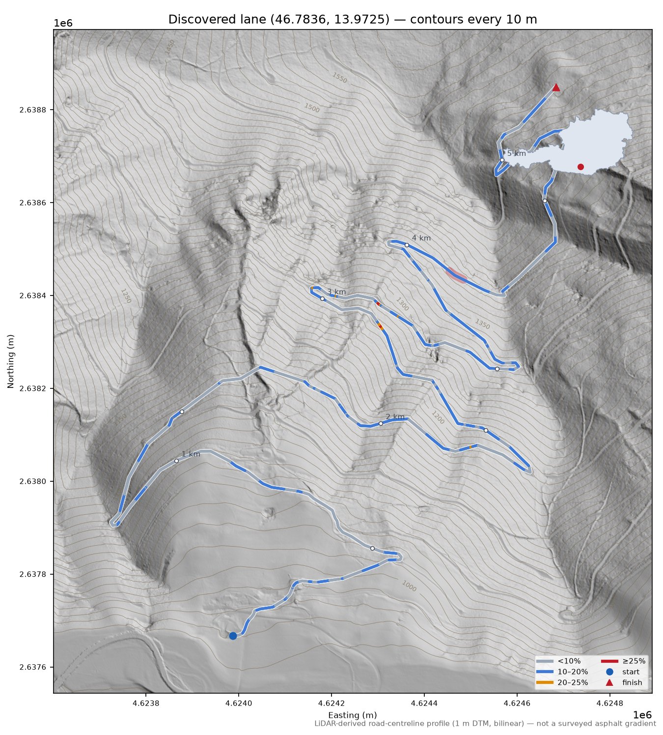 Discovered lane (46.7836, 13.9725) LiDAR hillshade map with contours