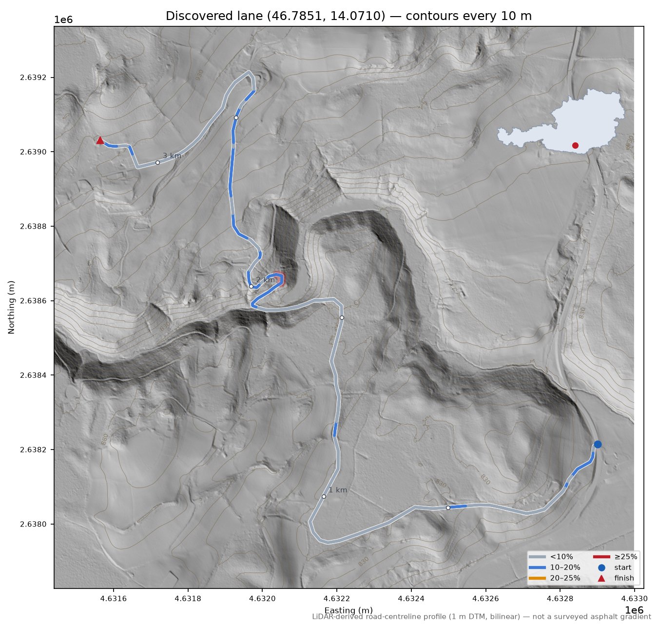 Discovered lane (46.7851, 14.0710) LiDAR hillshade map with contours