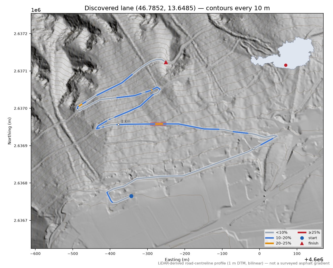 Discovered lane (46.7852, 13.6485) LiDAR hillshade map with contours