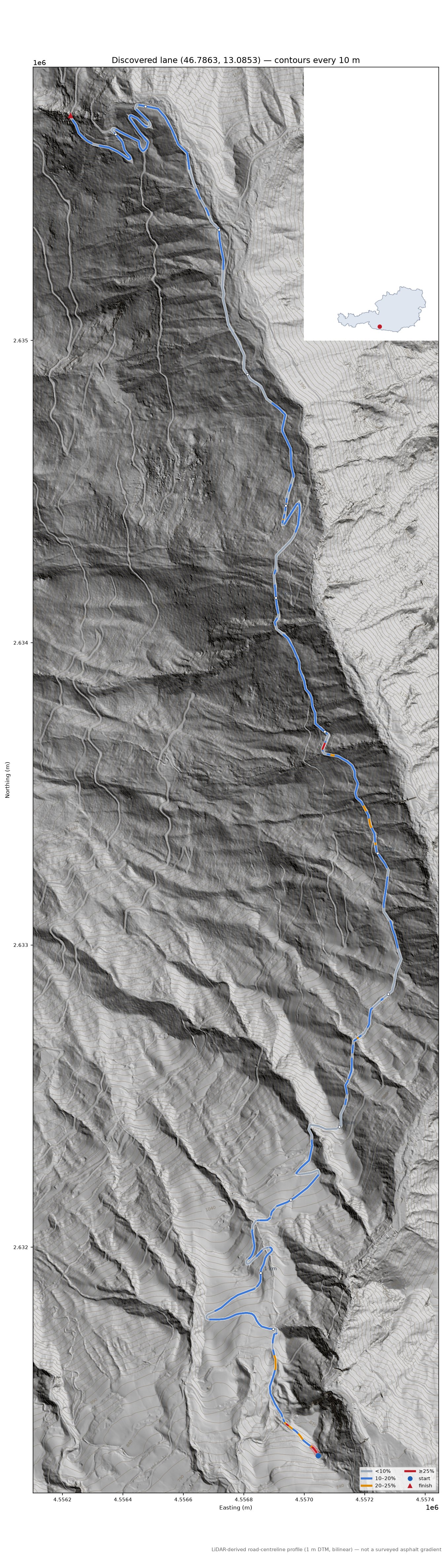 Discovered lane (46.7863, 13.0853) LiDAR hillshade map with contours