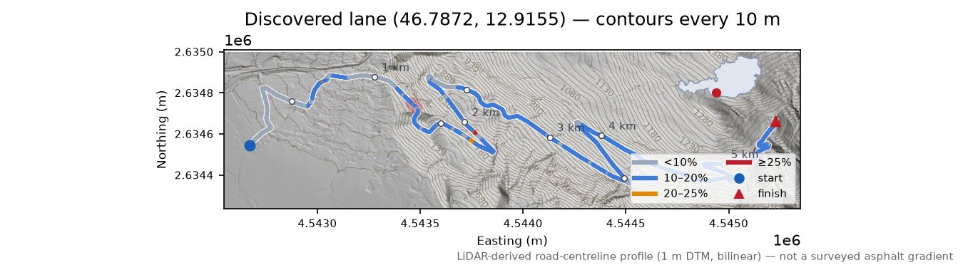 Discovered lane (46.7872, 12.9155) LiDAR hillshade map with contours