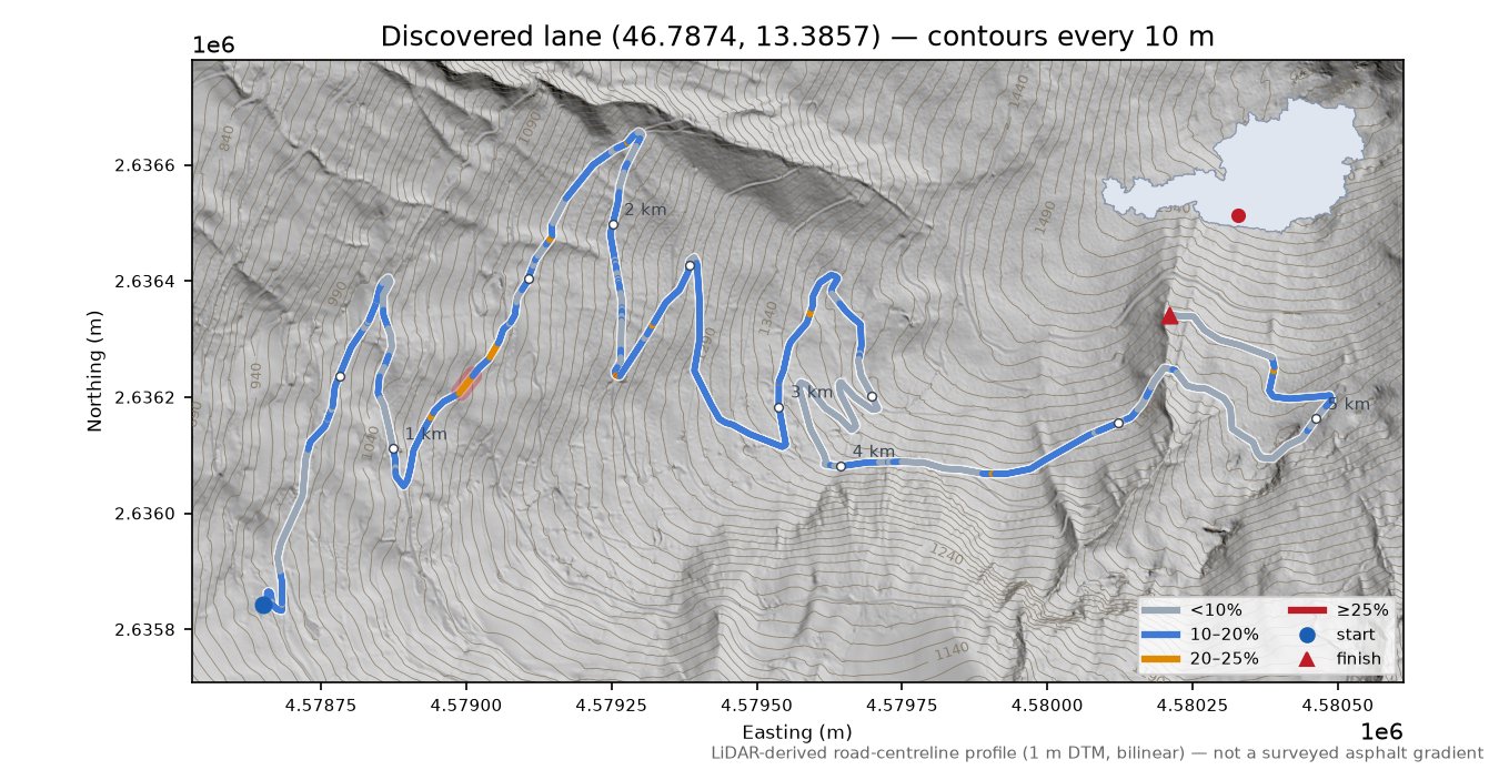 Discovered lane (46.7874, 13.3857) LiDAR hillshade map with contours