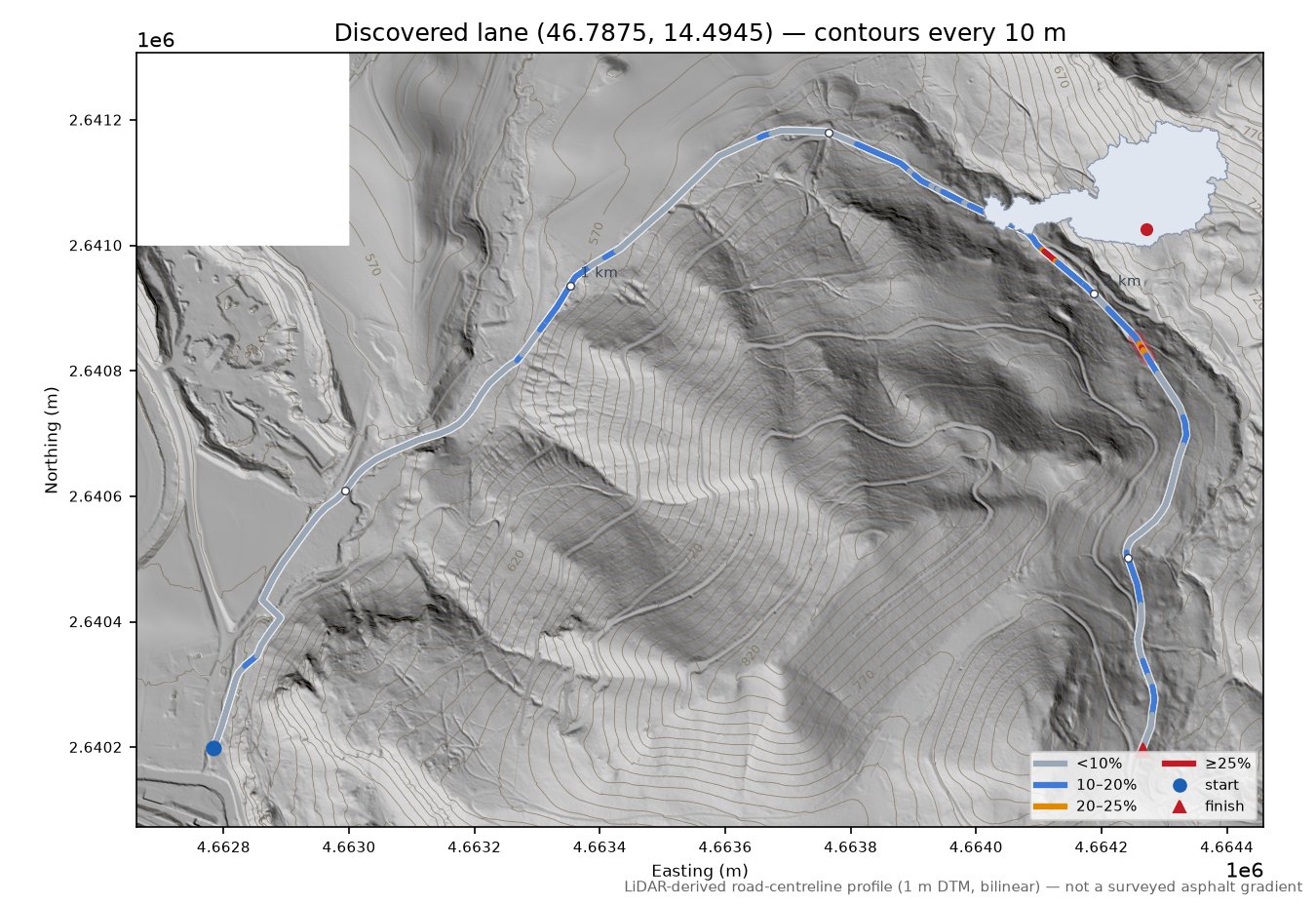 Discovered lane (46.7875, 14.4945) LiDAR hillshade map with contours