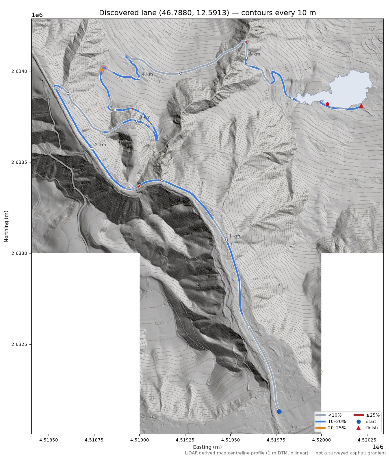 Discovered lane (46.7880, 12.5913) LiDAR hillshade map with contours