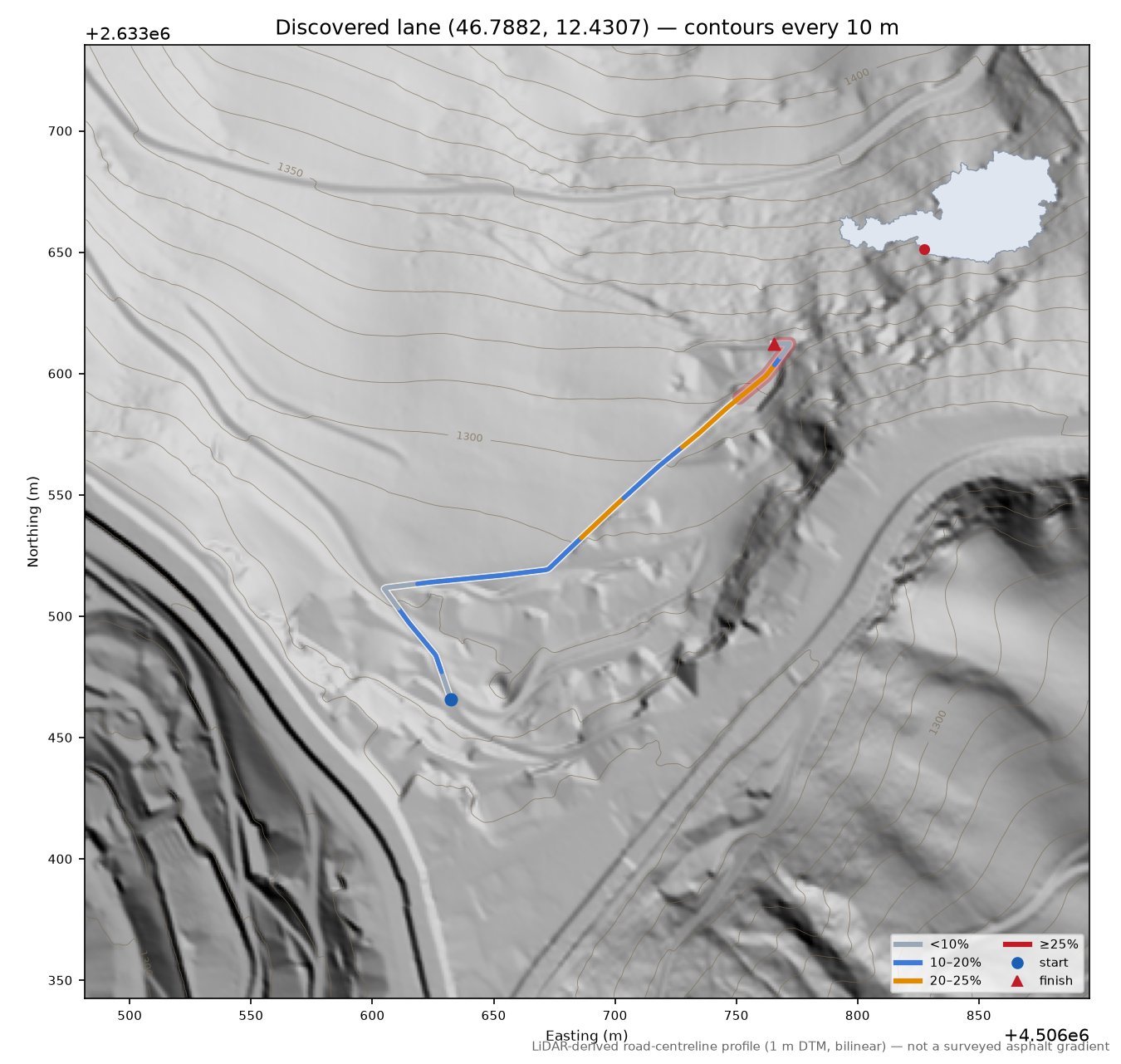 Discovered lane (46.7882, 12.4307) LiDAR hillshade map with contours