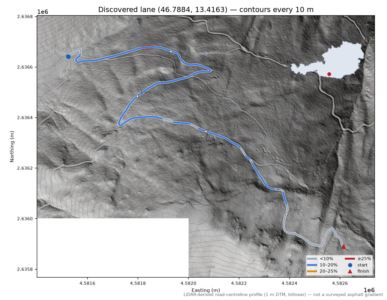 Discovered lane (46.7884, 13.4163) LiDAR hillshade map with contours