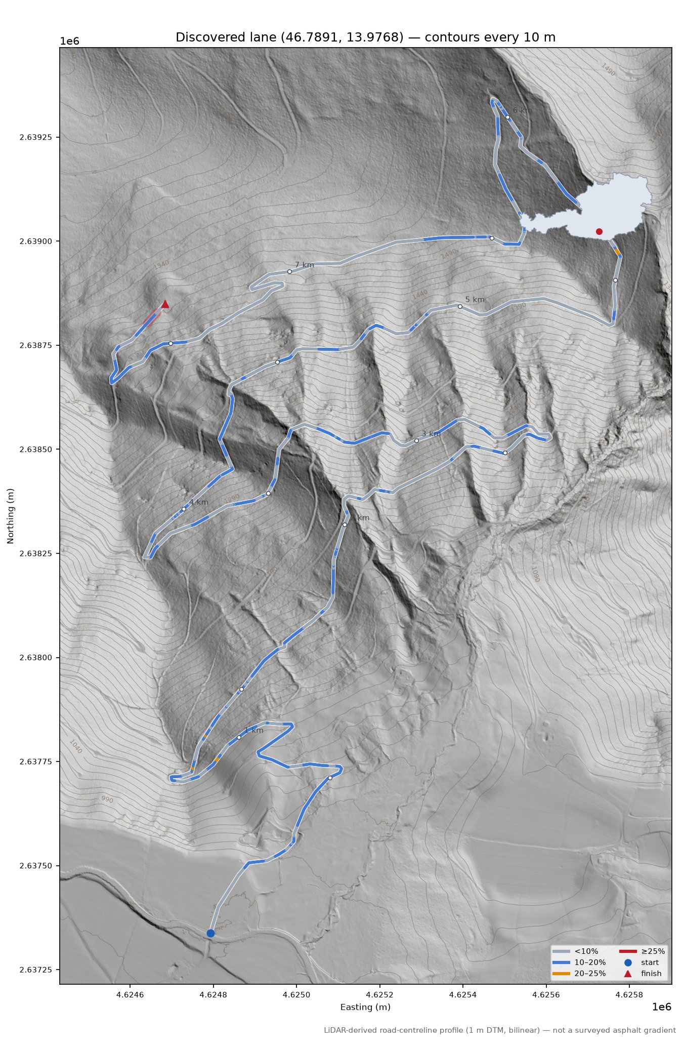 Discovered lane (46.7891, 13.9768) LiDAR hillshade map with contours