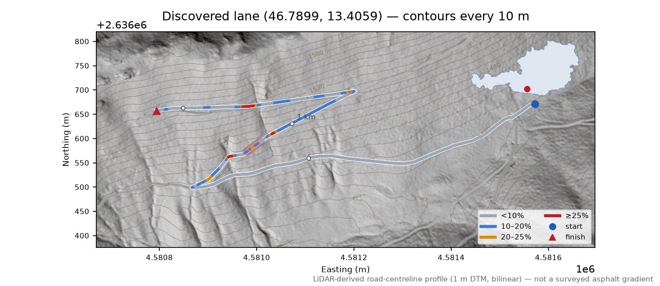 Discovered lane (46.7899, 13.4059) LiDAR hillshade map with contours