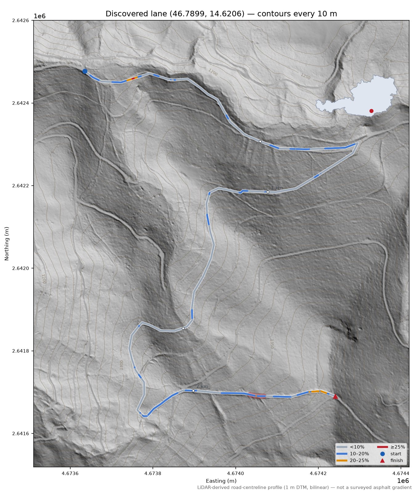 Discovered lane (46.7899, 14.6206) LiDAR hillshade map with contours