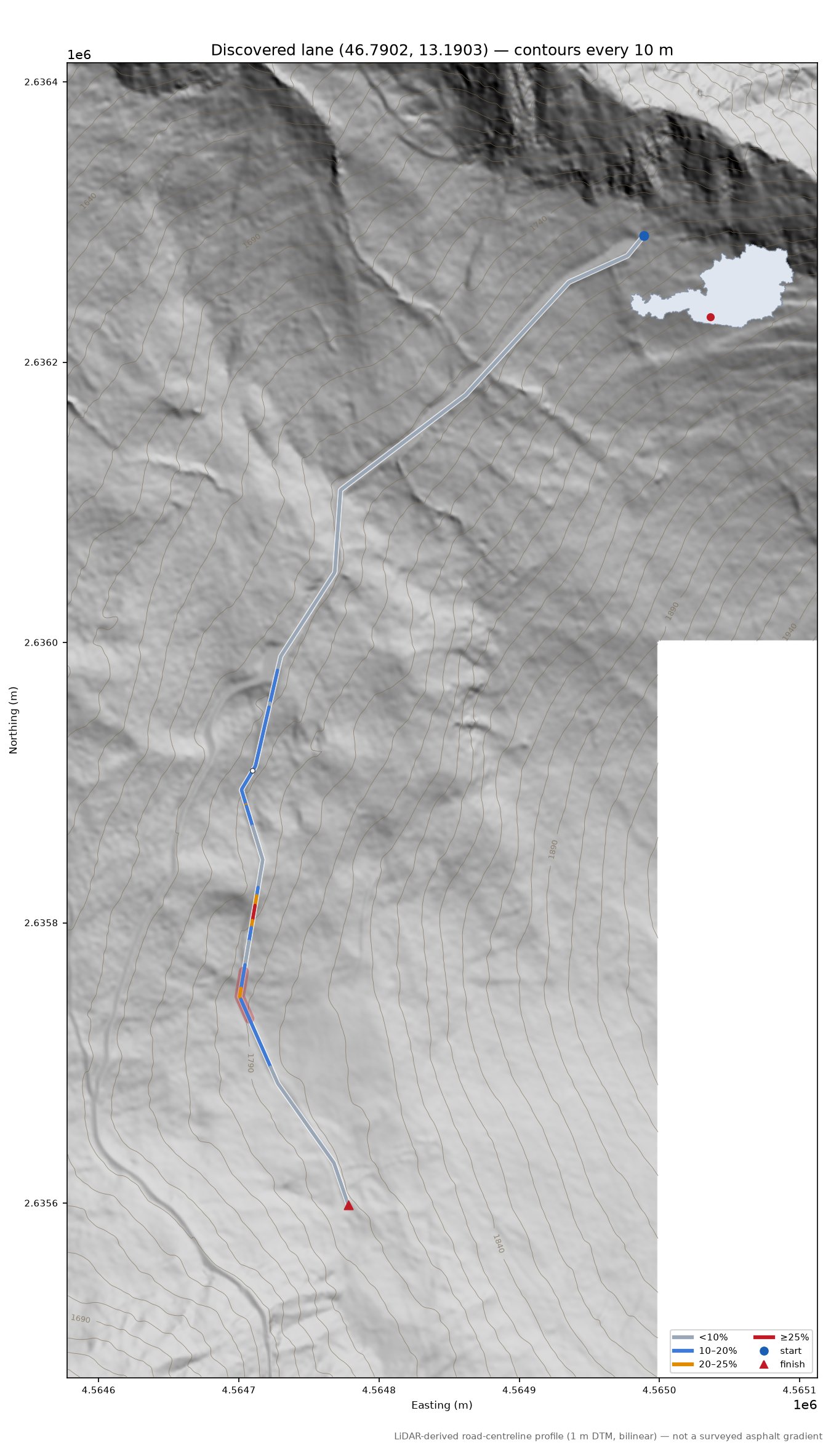 Discovered lane (46.7902, 13.1903) LiDAR hillshade map with contours