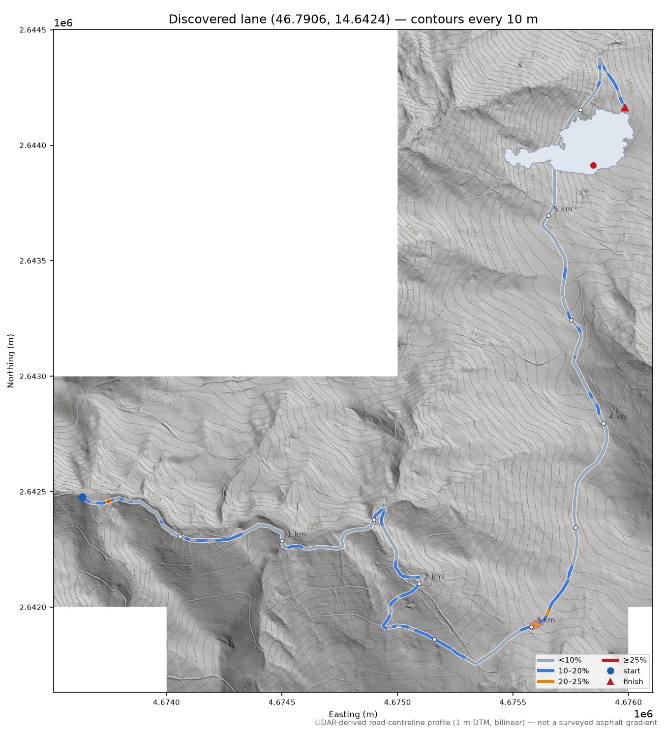 Discovered lane (46.7906, 14.6424) LiDAR hillshade map with contours