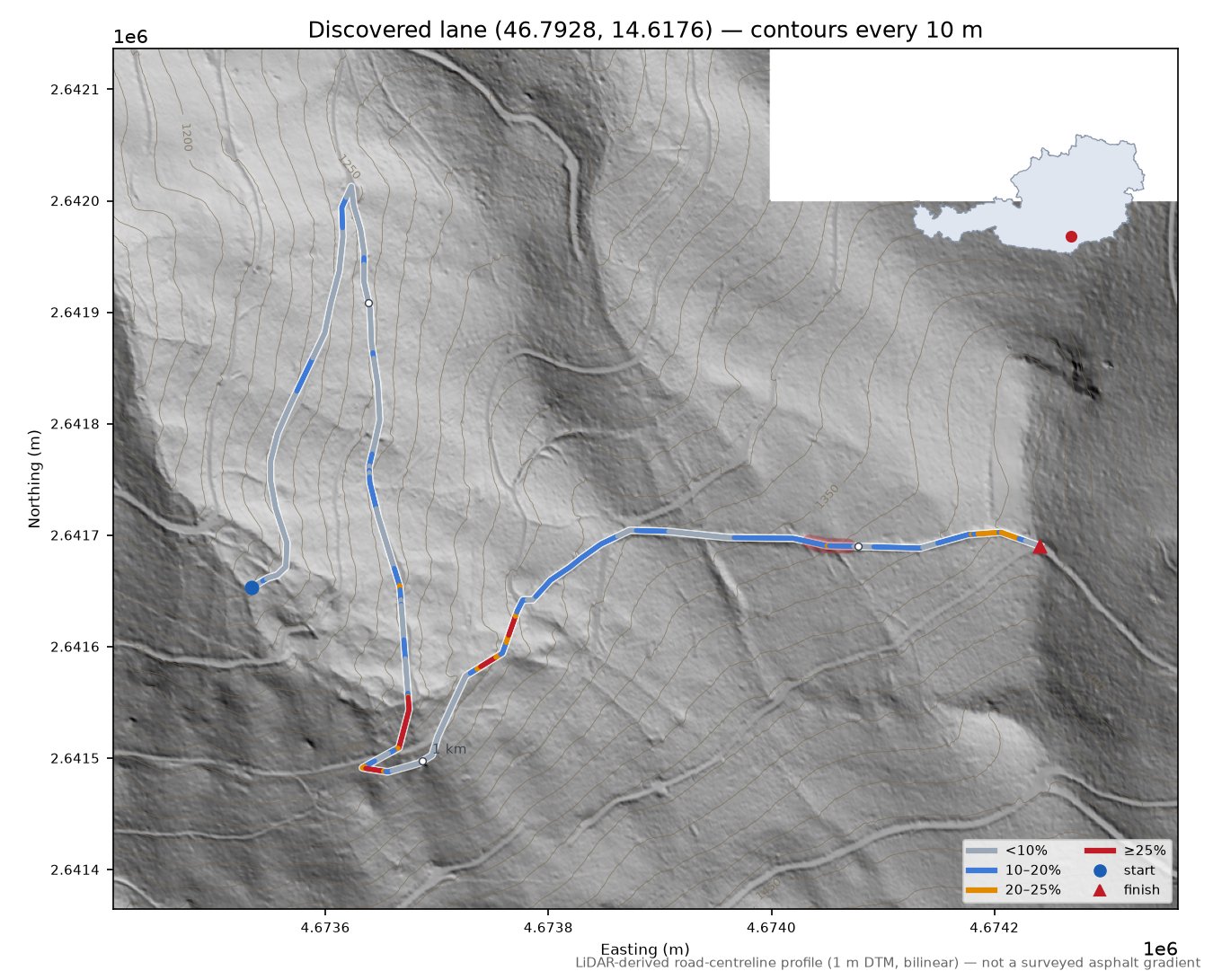 Discovered lane (46.7928, 14.6176) LiDAR hillshade map with contours