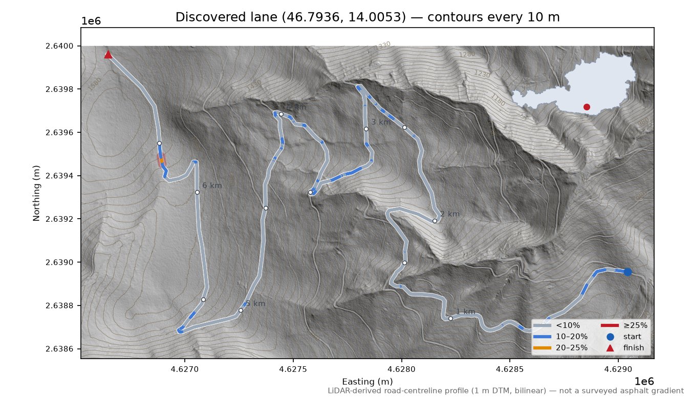 Discovered lane (46.7936, 14.0053) LiDAR hillshade map with contours