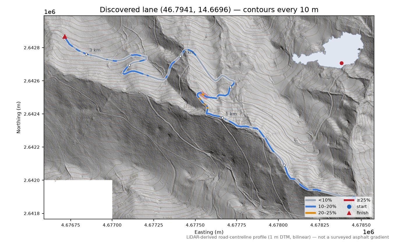 Discovered lane (46.7941, 14.6696) LiDAR hillshade map with contours