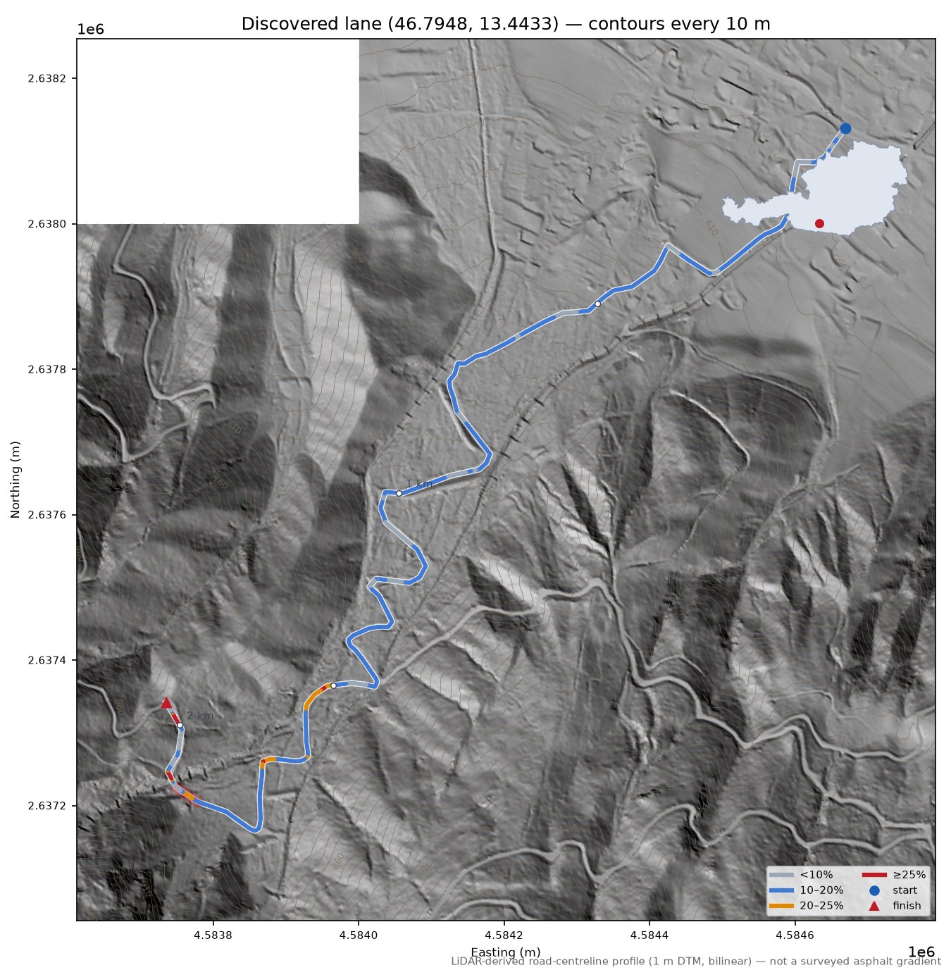 Discovered lane (46.7948, 13.4433) LiDAR hillshade map with contours