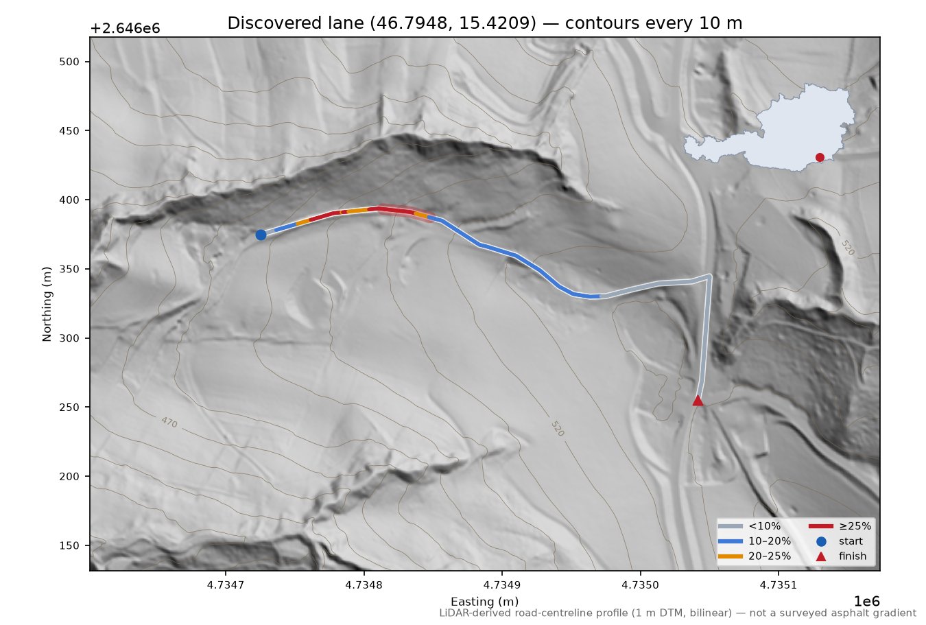 Discovered lane (46.7948, 15.4209) LiDAR hillshade map with contours