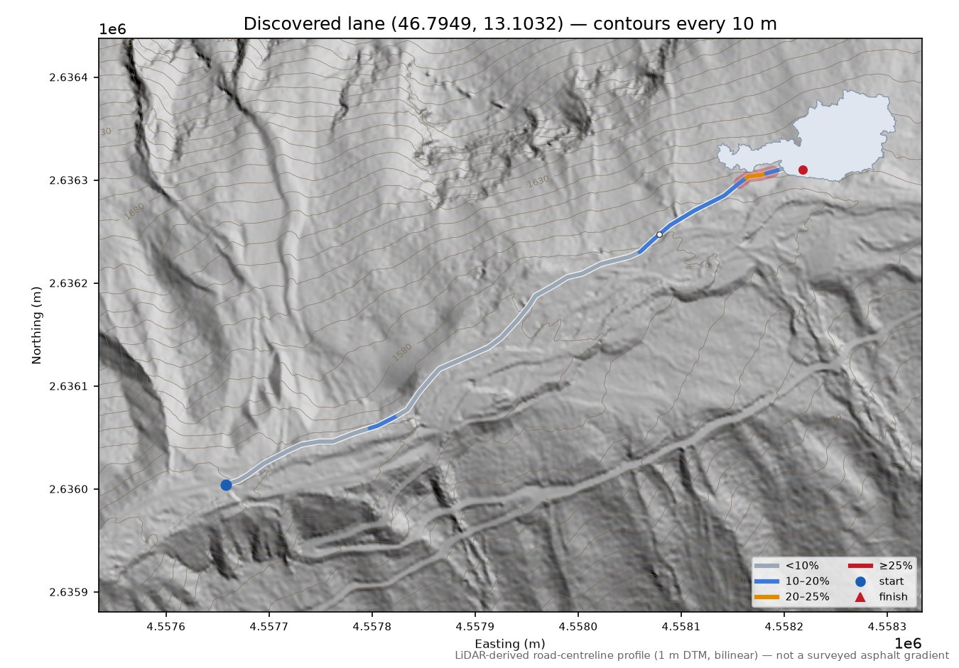 Discovered lane (46.7949, 13.1032) LiDAR hillshade map with contours