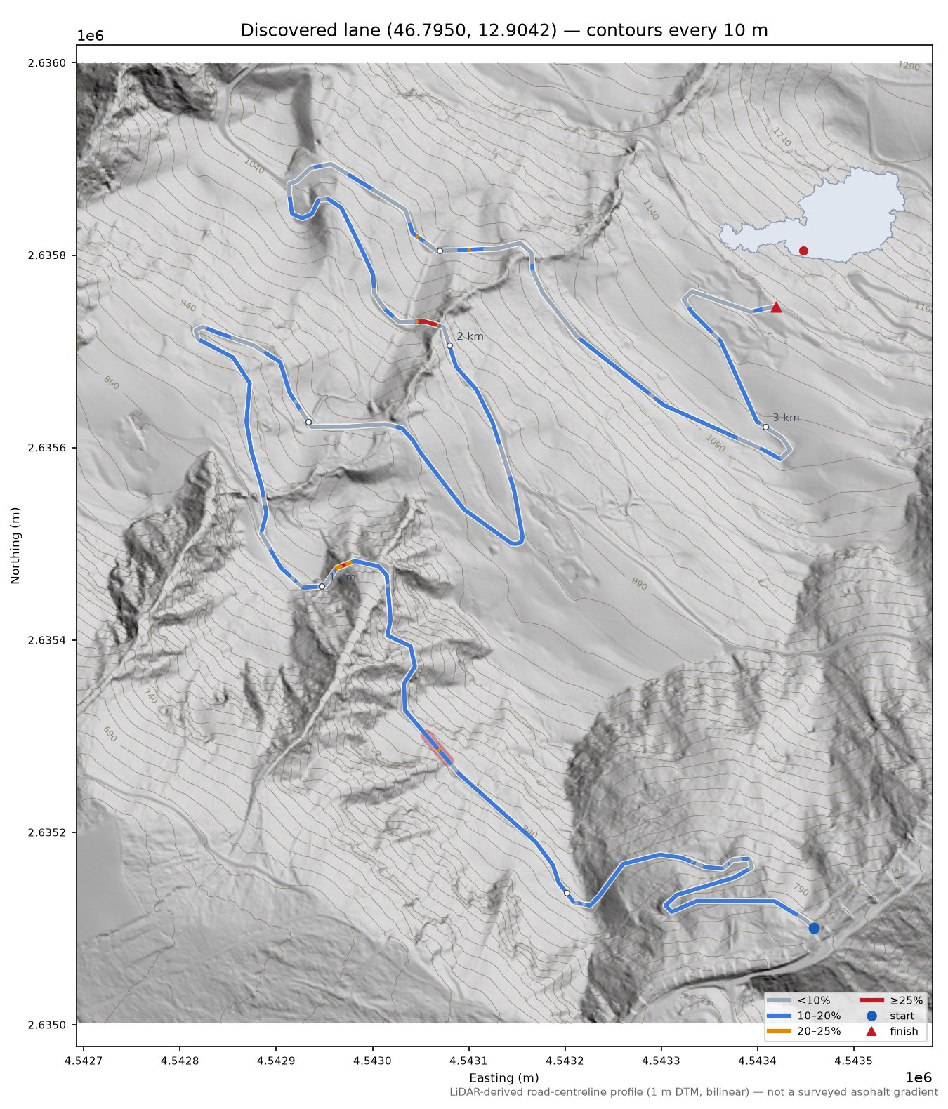 Discovered lane (46.7950, 12.9042) LiDAR hillshade map with contours