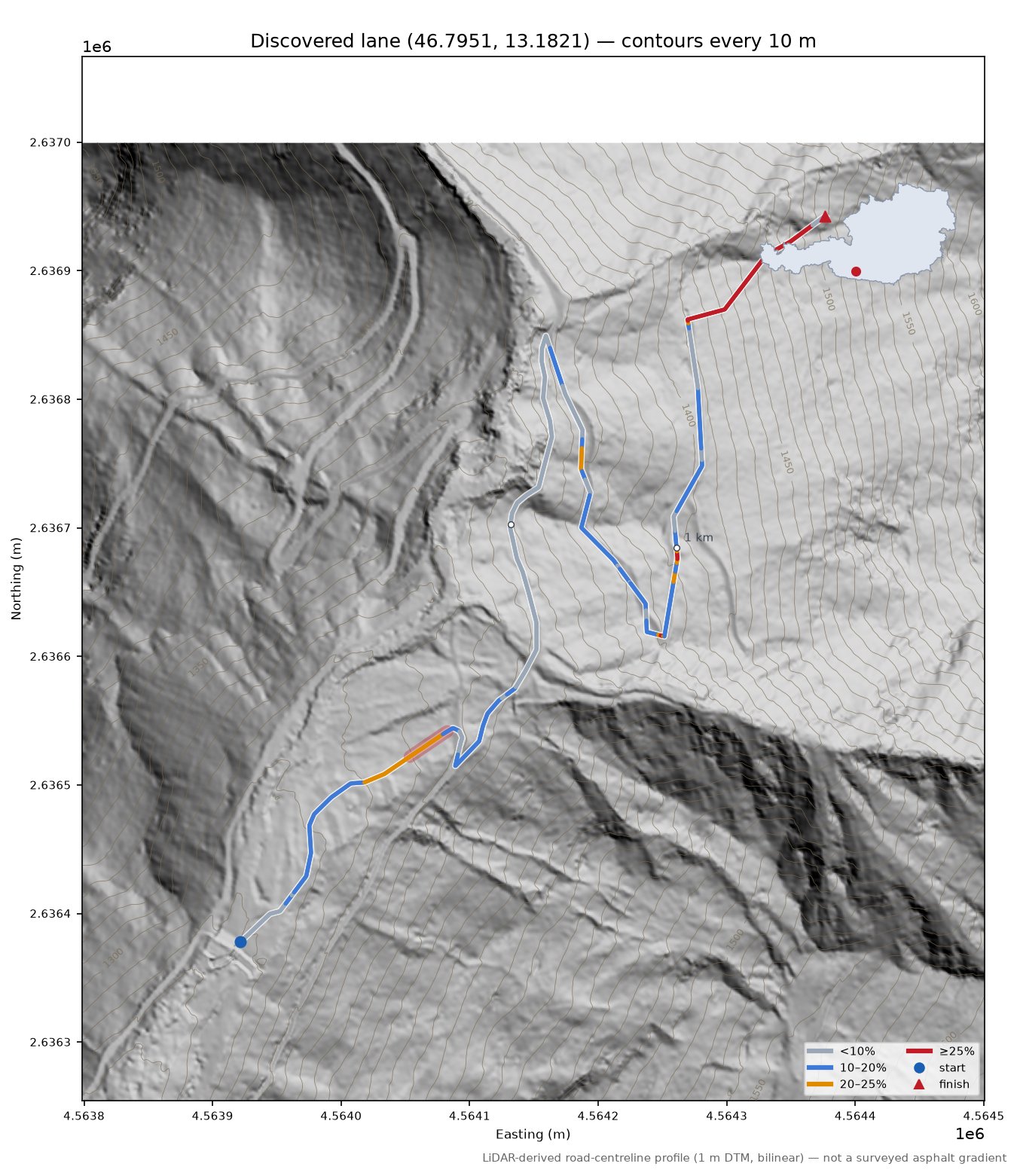 Discovered lane (46.7951, 13.1821) LiDAR hillshade map with contours