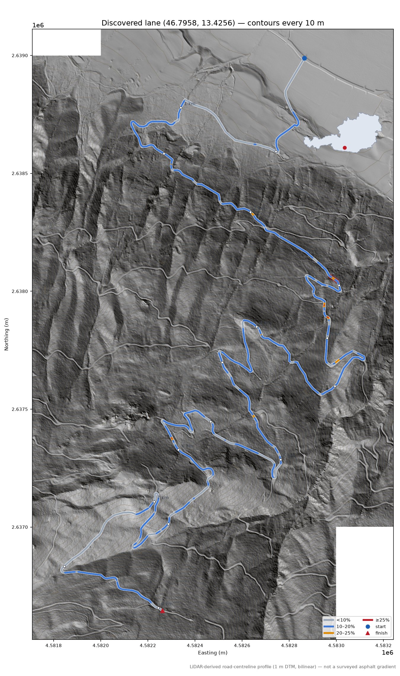 Discovered lane (46.7958, 13.4256) LiDAR hillshade map with contours