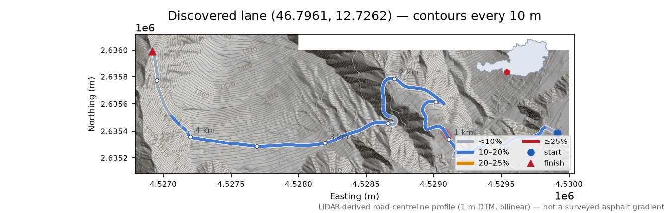 Discovered lane (46.7961, 12.7262) LiDAR hillshade map with contours