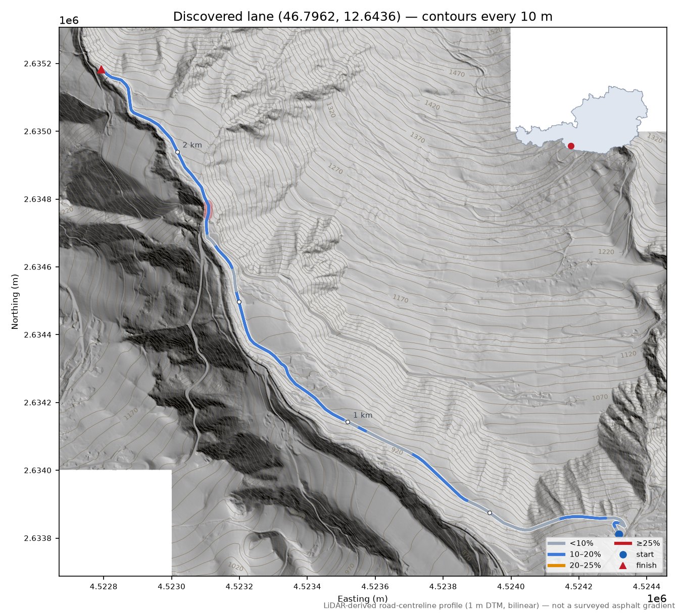 Discovered lane (46.7962, 12.6436) LiDAR hillshade map with contours