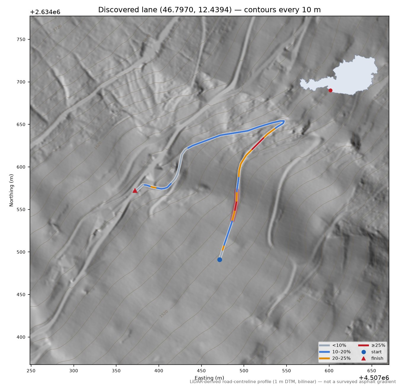Discovered lane (46.7970, 12.4394) LiDAR hillshade map with contours